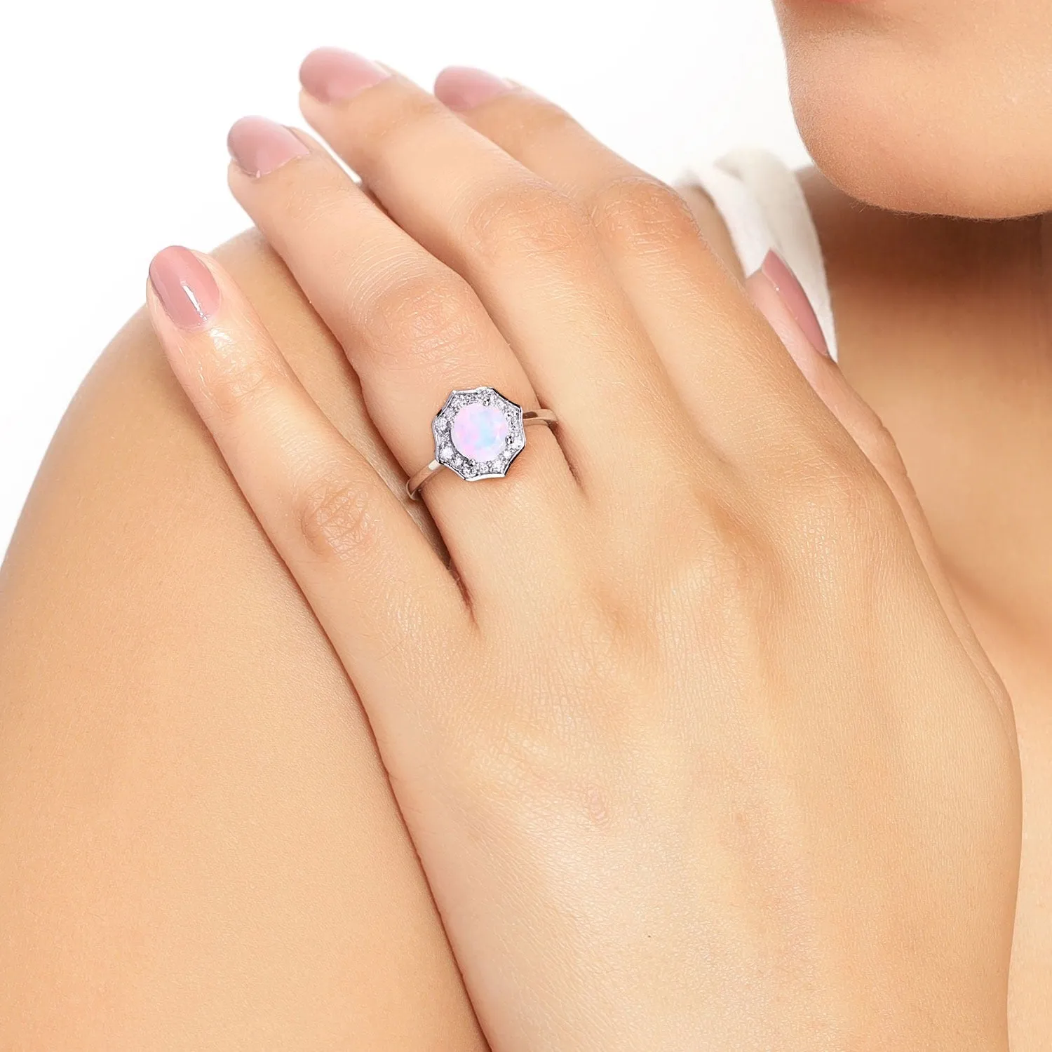 0.60 Ct Round White Ethiopian Opal and Lab Diamond Prong Silver Halo Ring sold by Zulily product image thumbnail 2