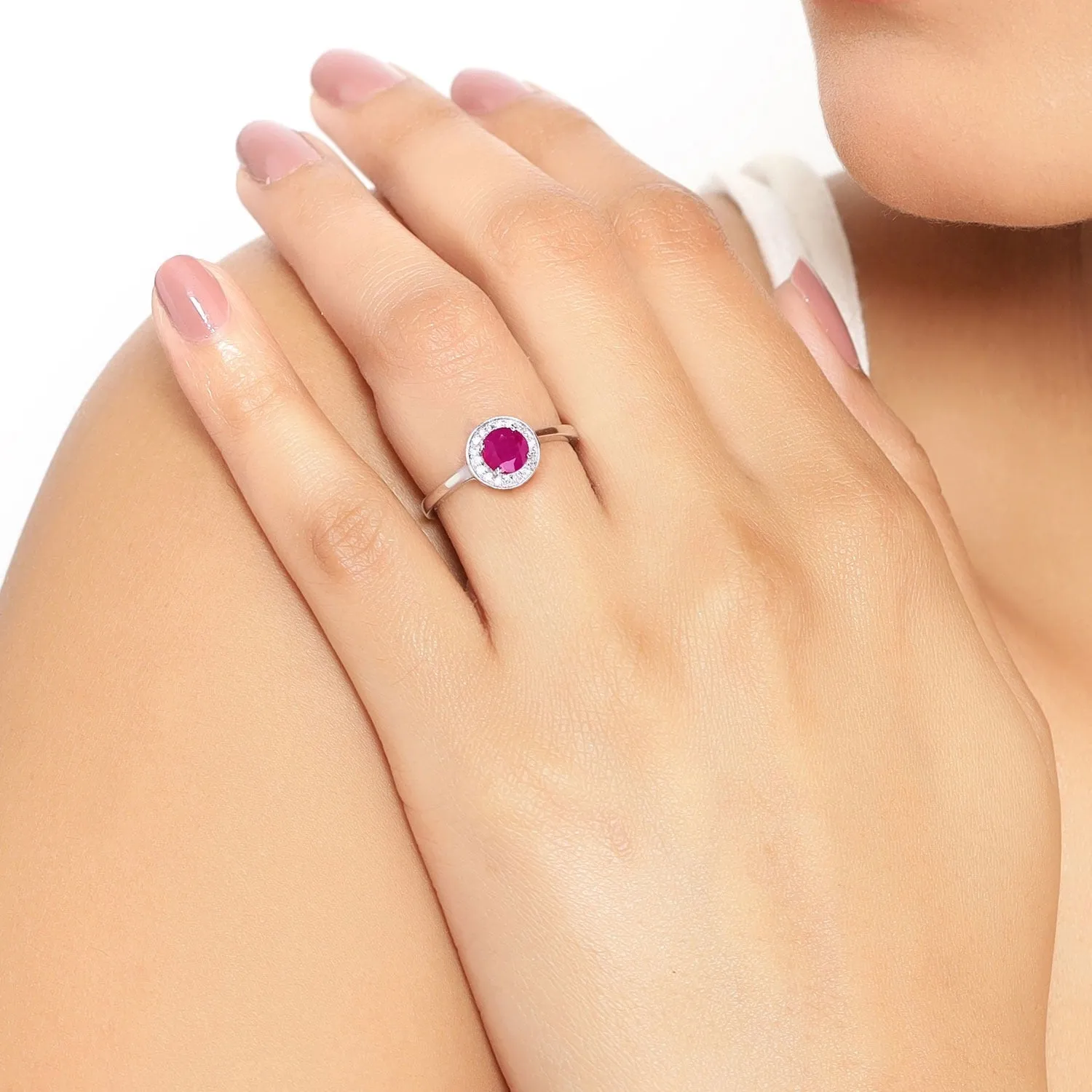 0.55 Ct Round Pink Mozambique Ruby & Lab Diamond Prong Silver Halo Ring sold by Zulily product image thumbnail 2