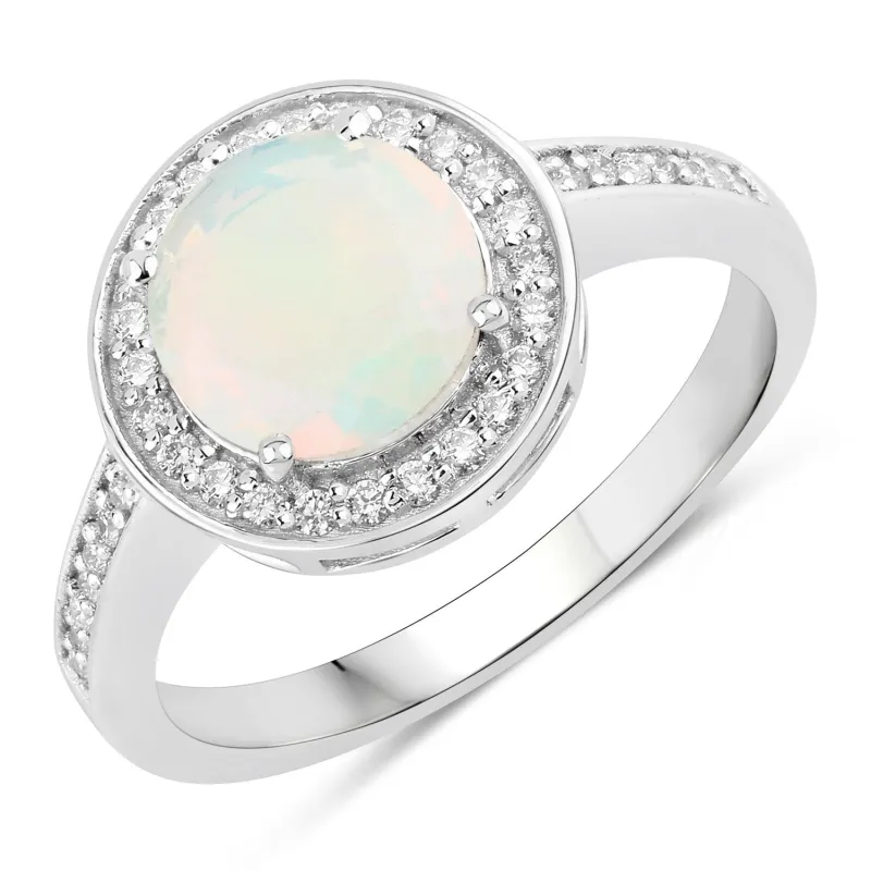0.90 Ct Round White Ethiopian Opal Lab Diamond Prong Silver Pave Halo Ring made by Zulily