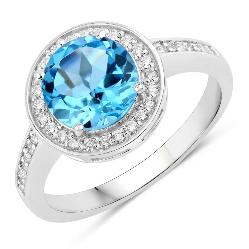 2.25 Ct Round Swiss Blue Topaz Lab Diamond Prong Silver Pave Halo Ring made by Zulily
