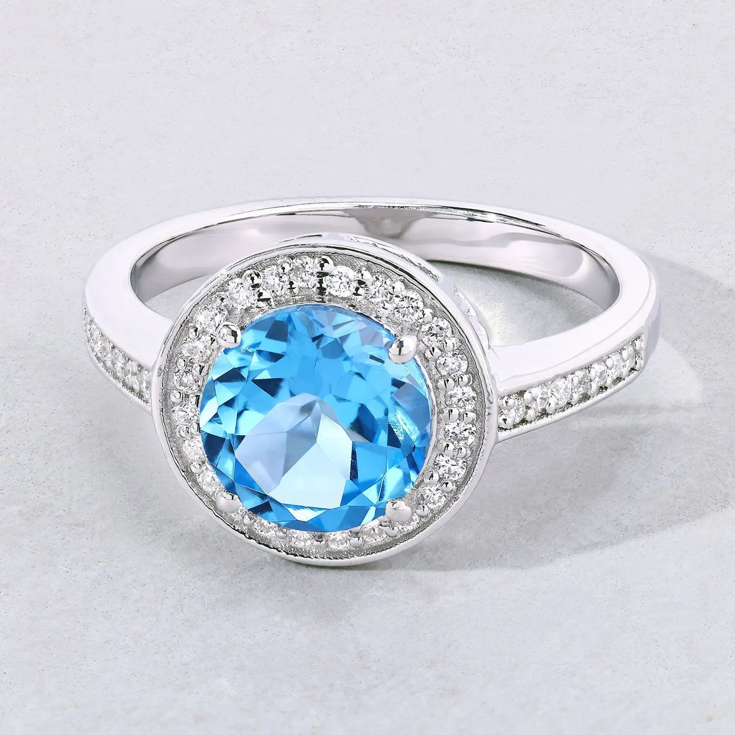 2.25 Ct Round Swiss Blue Topaz Lab Diamond Prong Silver Pave Halo Ring sold by Zulily product image thumbnail 5