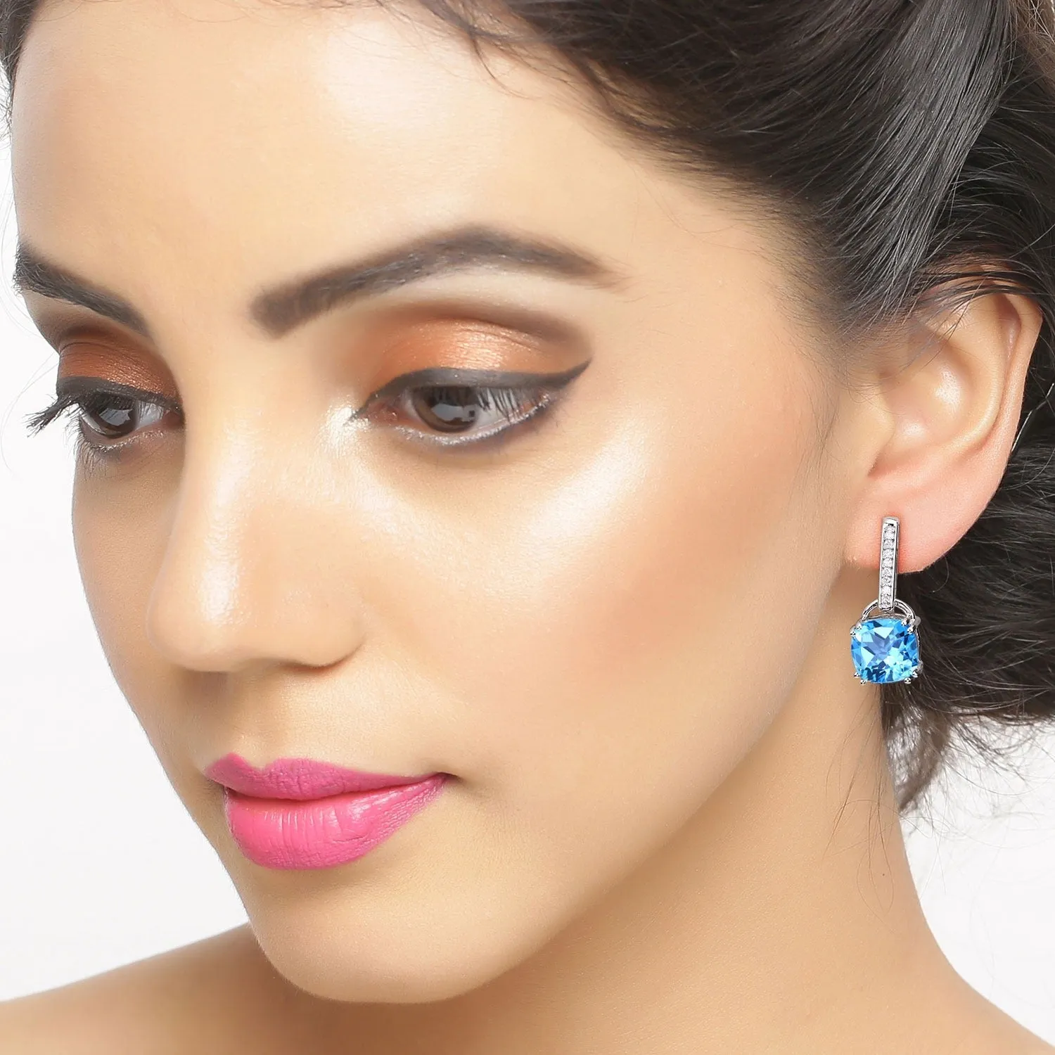 4.60 Ct Cushion Swiss Blue Topaz & Lab Diamond Prong Silver Dangle Earrings sold by Zulily product image thumbnail 2