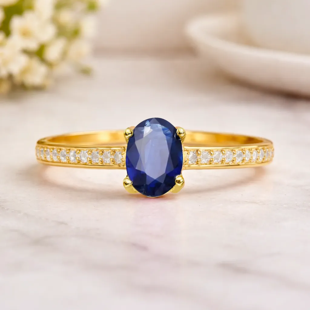 0.95 Ct Oval Blue Sapphire and Moissanite Prong 22k Gold Vermeil Pave-set Solitaire Ring sold by Zulily product image thumbnail 3