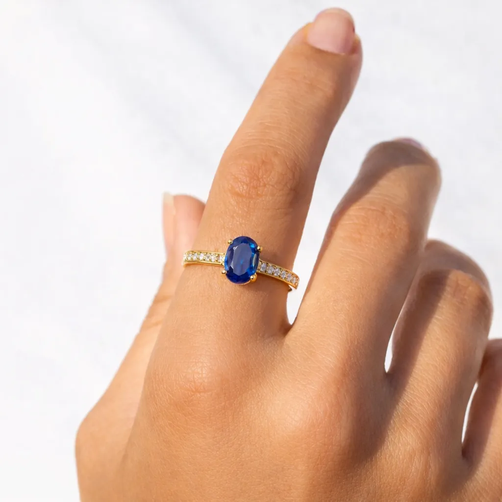 0.95 Ct Oval Blue Sapphire and Moissanite Prong 22k Gold Vermeil Pave-set Solitaire Ring sold by Zulily product image thumbnail 2