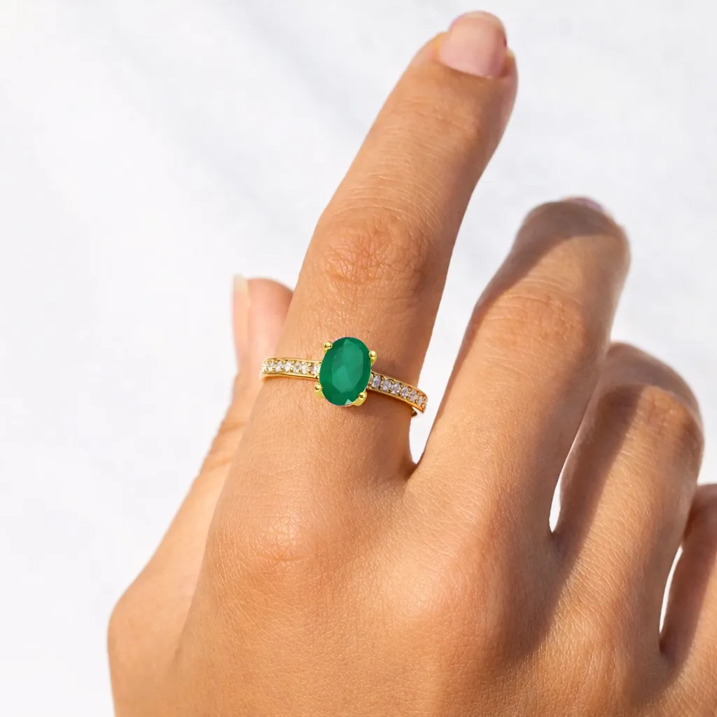 0.85 Ct Oval Green Emerald and Moissanite Prong 22K Gold Vermeil Pave-set Solitaire Ring sold by Zulily product image thumbnail 2