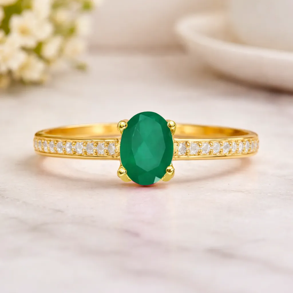 0.85 Ct Oval Green Emerald and Moissanite Prong 22K Gold Vermeil Pave-set Solitaire Ring sold by Zulily product image thumbnail 3