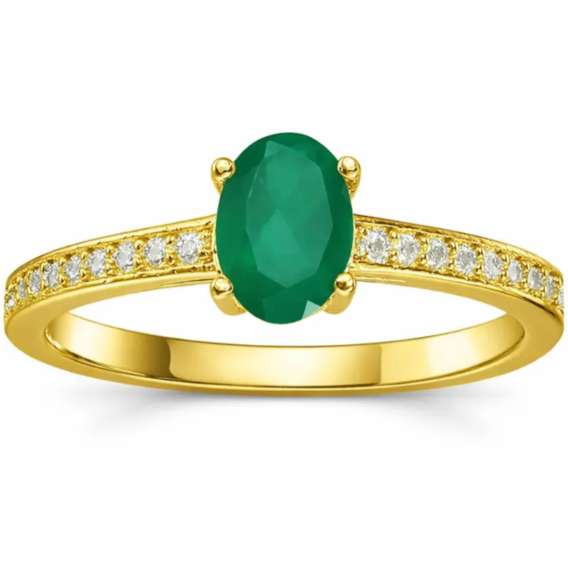 0.85 Ct Oval Green Emerald and Moissanite Prong 22K Gold Vermeil Pave-set Solitaire Ring made by Zulily