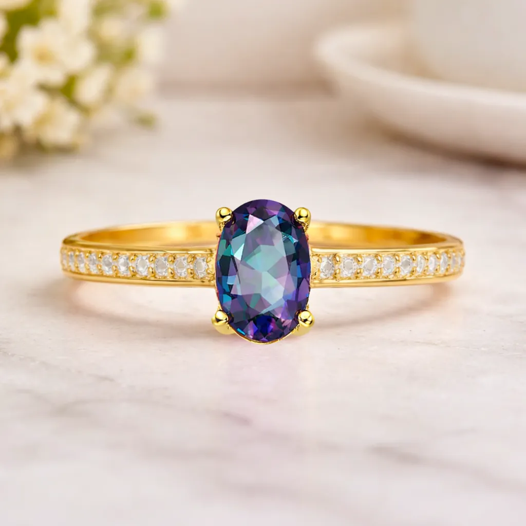 22k Yellow Gold Vermeil Gold Oval Alexandrite Pave Solitaire Ring sold by Zulily product image thumbnail 3