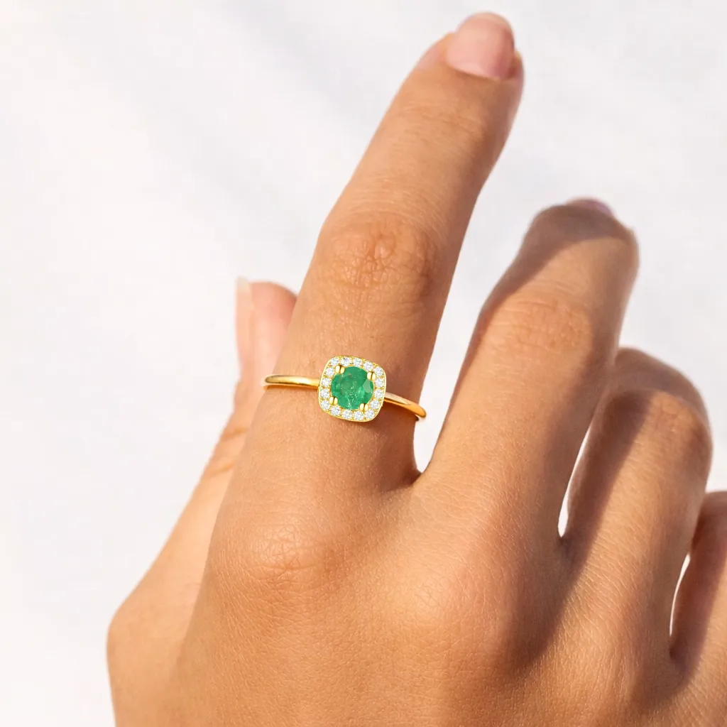 0.35 Ct Round Green Emerald and Moissanite Prong 22K Gold Vermeil Cushion Halo Ring sold by Zulily product image thumbnail 2