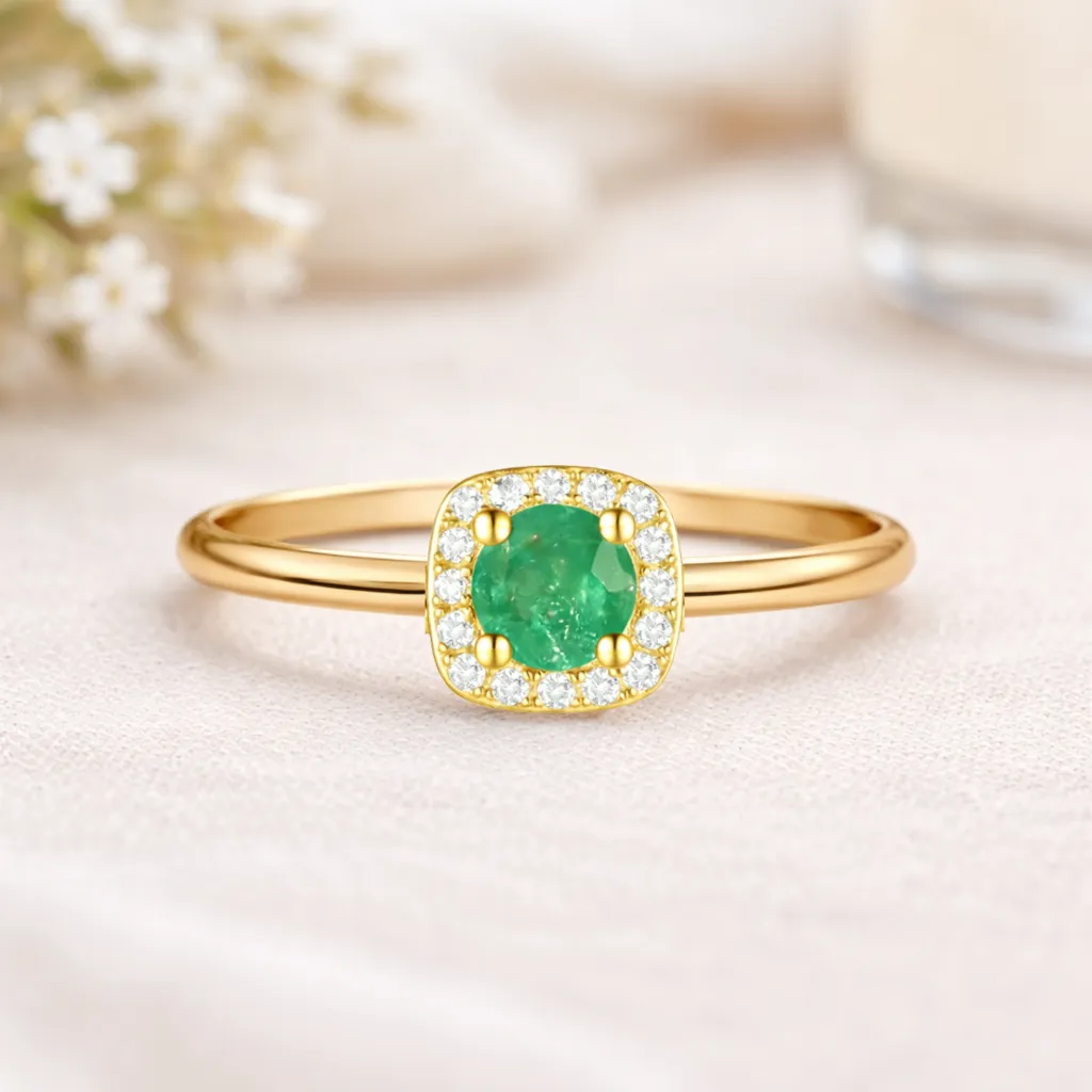0.35 Ct Round Green Emerald and Moissanite Prong 22K Gold Vermeil Cushion Halo Ring sold by Zulily product image thumbnail 3