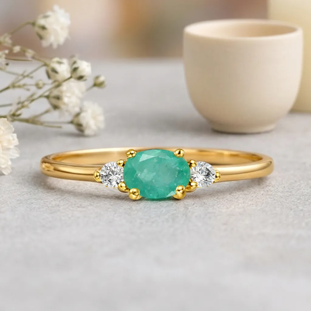 0.43 Ct Oval Green Emerald and White Sapphire Prong 22K Gold Vermeil Three Stone Promise Ring sold by Zulily product image thumbnail 3