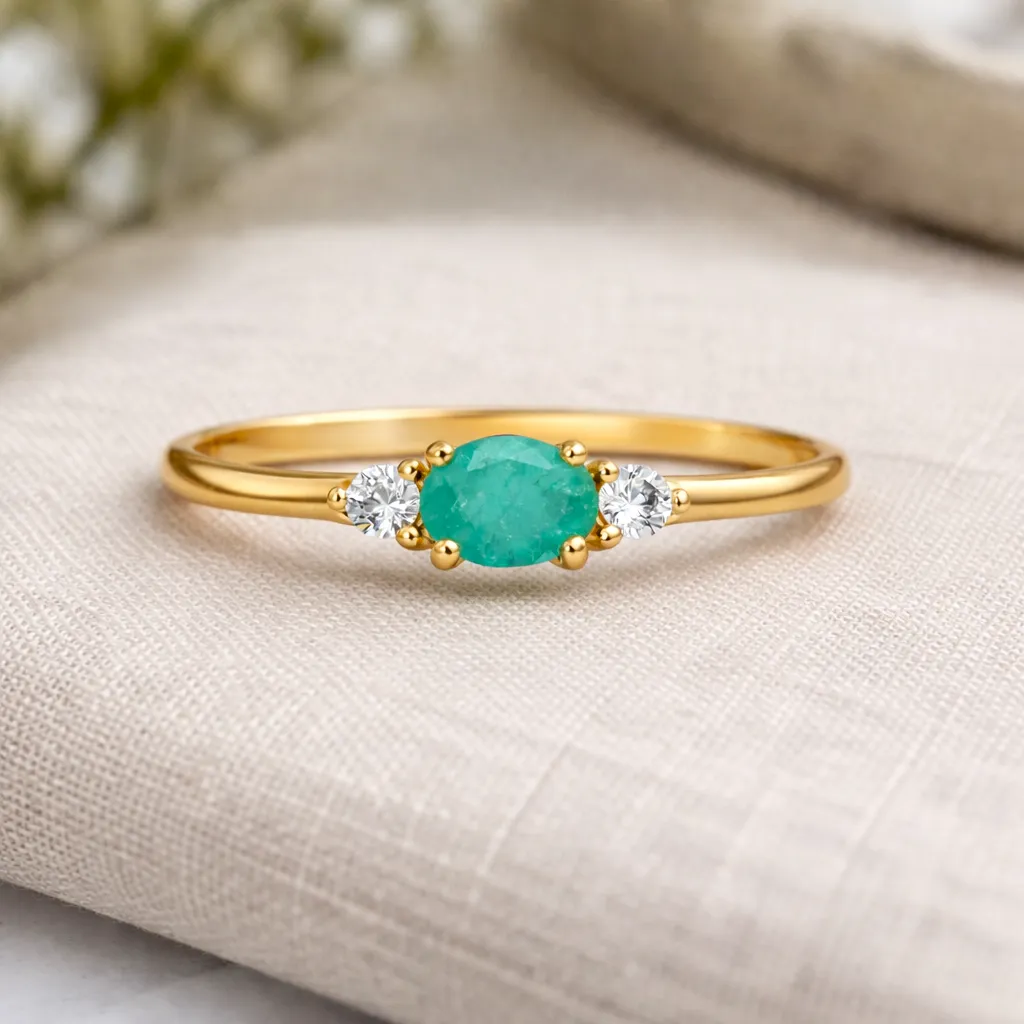 0.43 Ct Oval Green Emerald and White Sapphire Prong 22K Gold Vermeil Three Stone Promise Ring sold by Zulily product image thumbnail 4