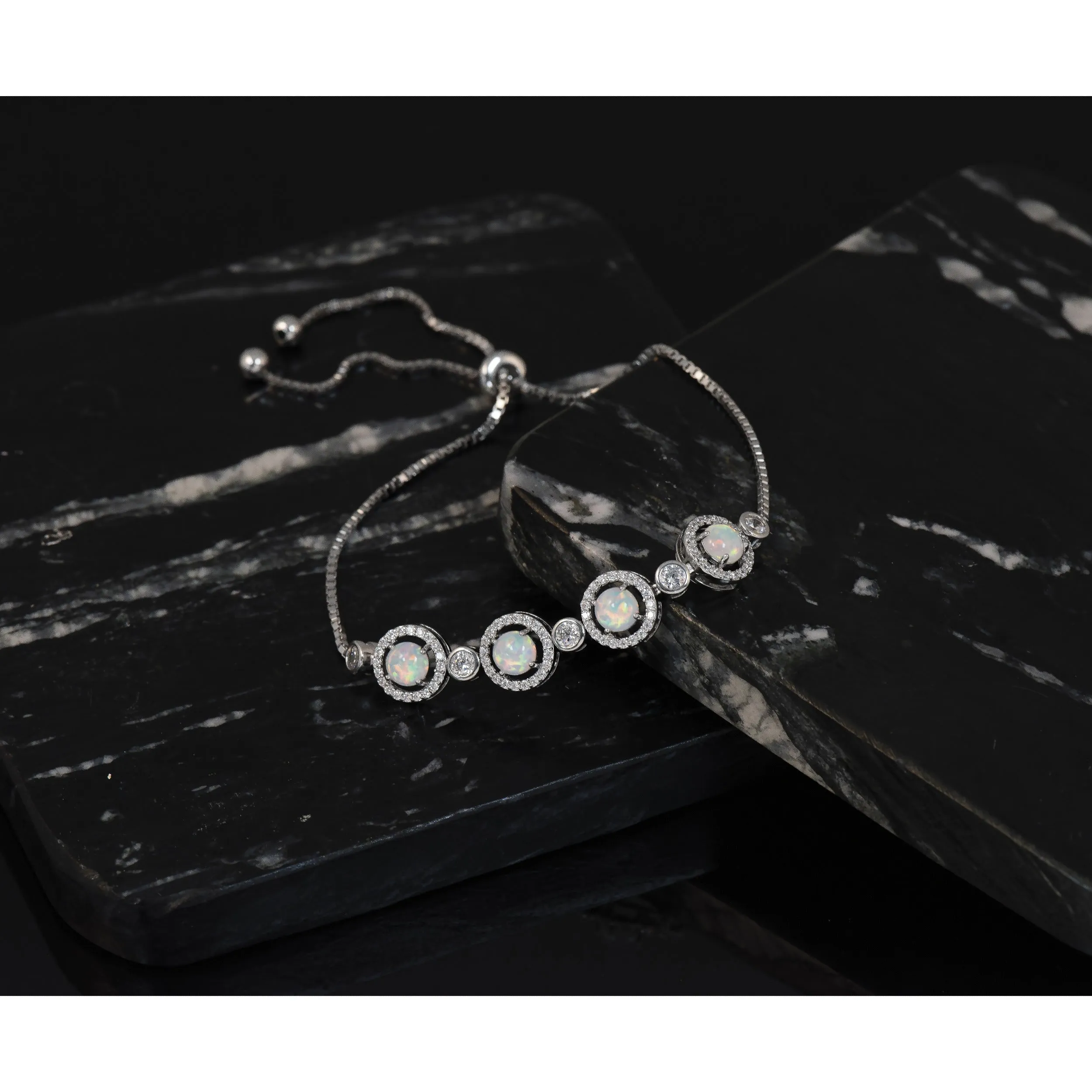 Round White Created Opal & CZ Halo Prong Sterling Silver Adjustable Bolo Bracelet sold by Zulily product image thumbnail 4