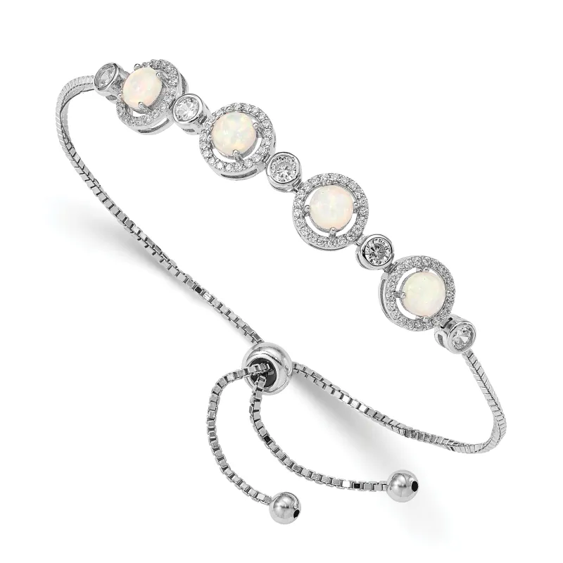 Round White Created Opal & CZ Halo Prong Sterling Silver Adjustable Bolo Bracelet made by Zulily