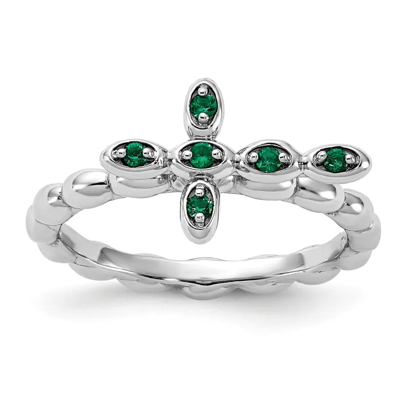0.01 Ct Round Green Lab Created Emerald Prong Silver Stackable Cross Ring made by Zulily