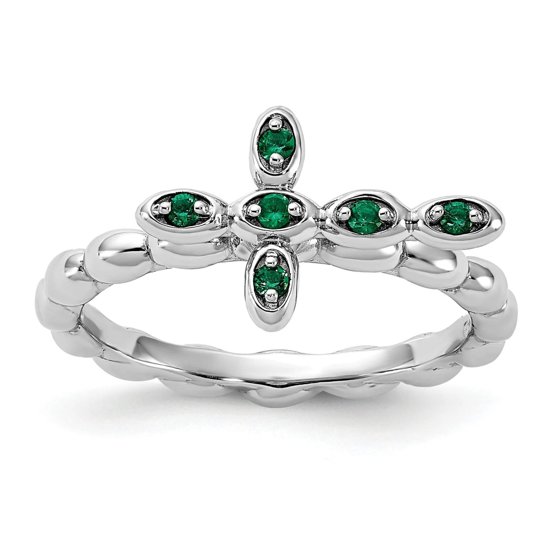 0.01 Ct Round Green Lab Created Emerald Prong Silver Stackable Cross Ring sold by Zulily