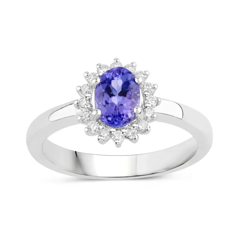 0.75 Ct Oval Violet Tanzanite and Lab Diamond Prong Silver Halo Ring made by Zulily