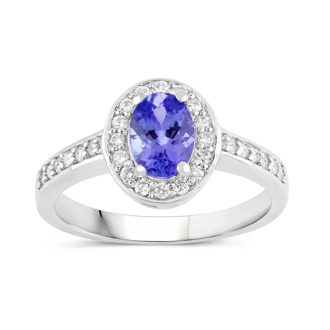 0.75 Ct Oval Violet Tanzanite & Lab Diamond Prong Silver Pave Halo Bridge Ring sold by Zulily