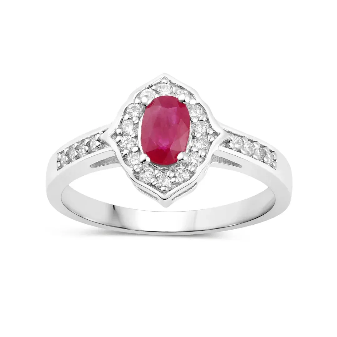 0.52 Ct Oval Pink Ruby & Lab Grown Diamond Prong Silver Halo Pave Band Ring sold by Zulily