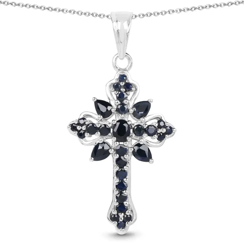 1.52 Ct Blue Sapphire Prong Silver Cross Pendant Necklace made by Zulily