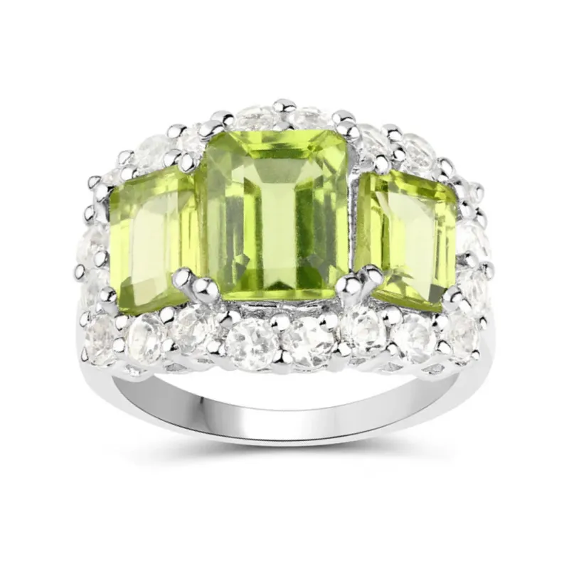 4.40 Ct Octagon Green Peridot Prong Silver Three Stone Halo Ring made by Zulily