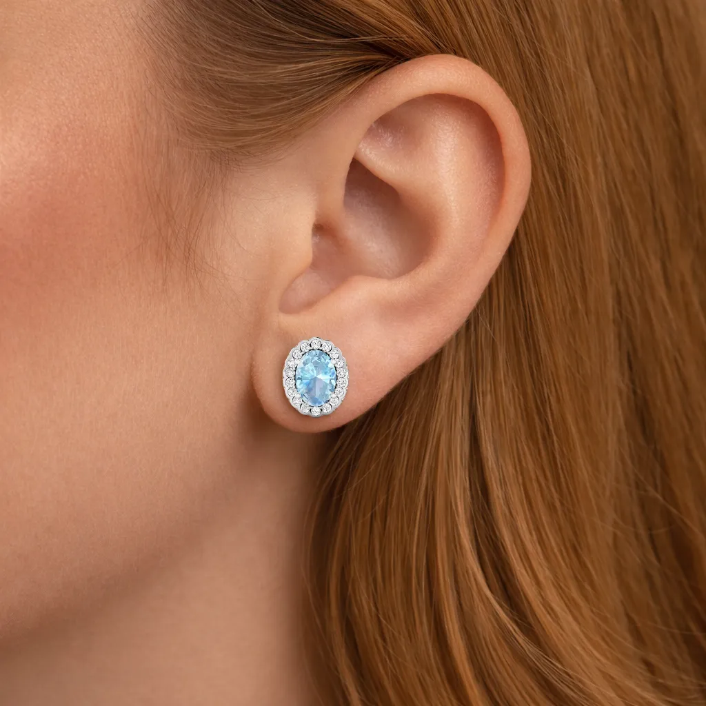 1.40 Ct Oval Blue Aquamarine & Diamond Prong 14k Gold Halo Stud Earrings sold by Zulily product image thumbnail 2