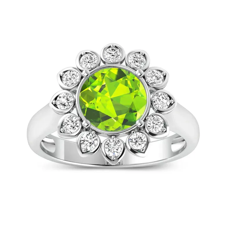 2.21 Ct Round Green Peridot and White Diamond Prong Silver Halo Floral Ring made by Zulily