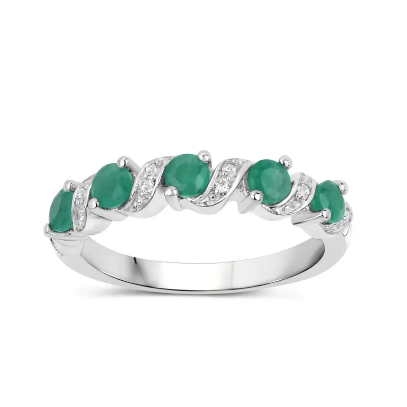 0.54 Ct Round Green Zambian Emerald and White Topaz Prong Silver 5 Stone Ring made by Zulily
