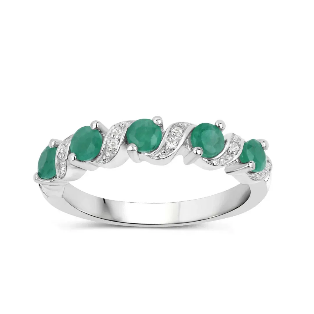 0.54 Ct Round Green Zambian Emerald and White Topaz Prong Silver 5 Stone Ring sold by Zulily
