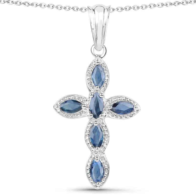 0.90 Ct Marquise Blue Sapphire Prong Silver Cross Pendant Necklace made by Zulily