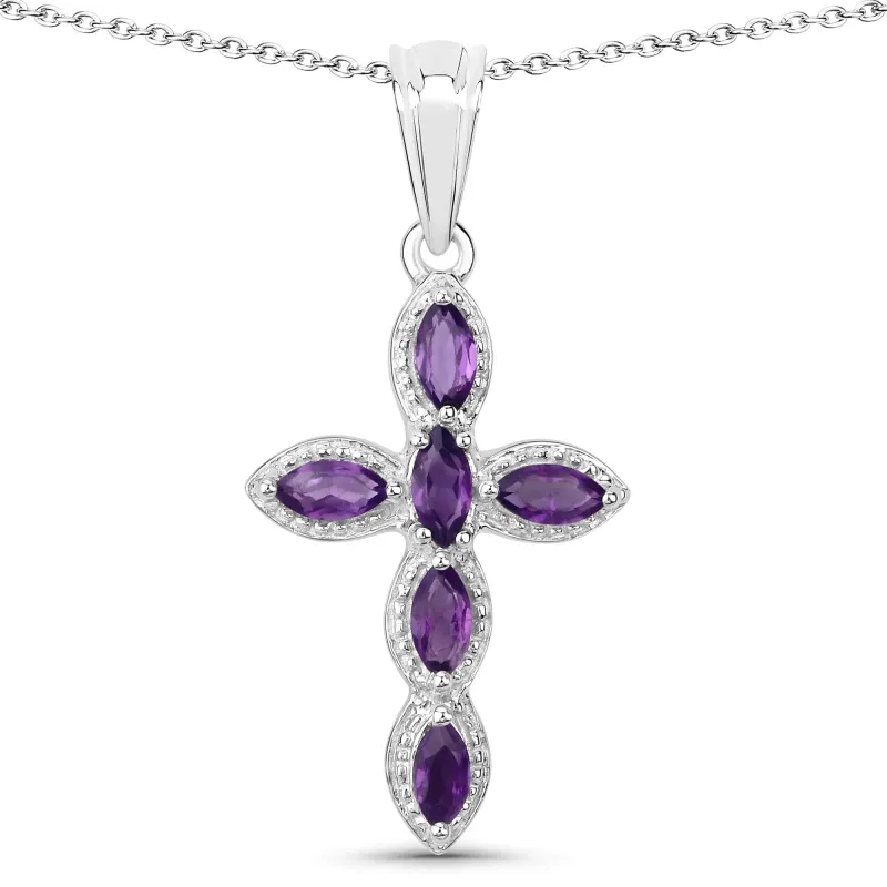 0.90 Ct Marquise Purple Amethyst Prong Silver Cross Pendant Necklace made by Zulily