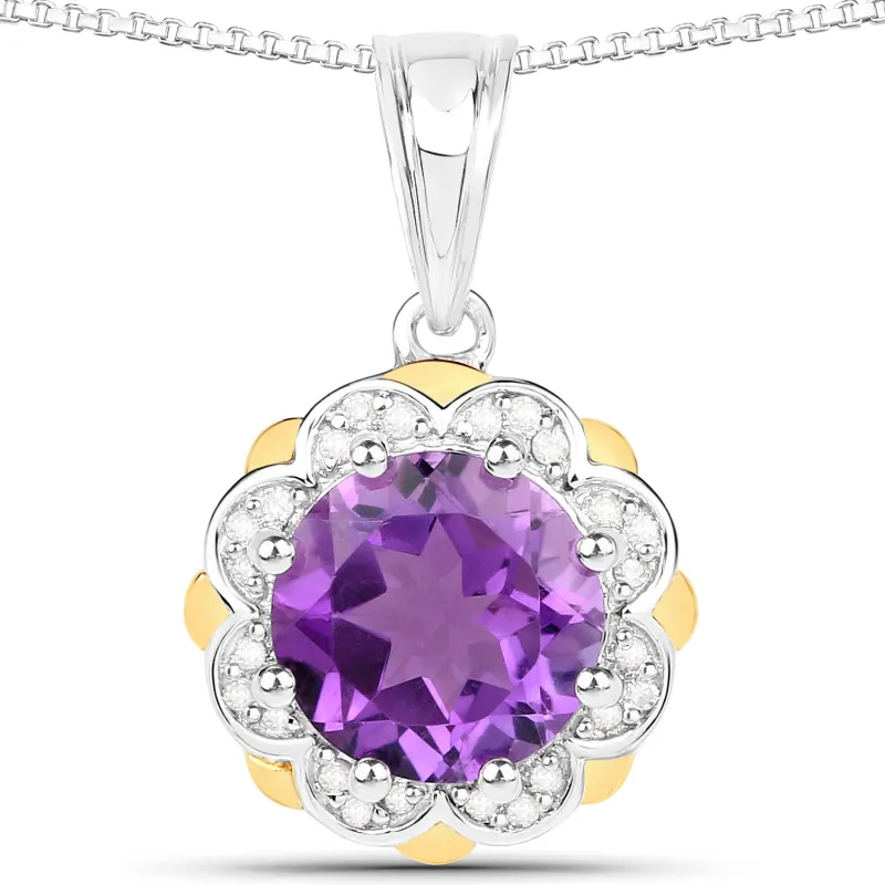 Fine Color Jewels 1.87 Cttw Round Purple Amethyst & Diamond 925 Sterling Silver February Birthstone Floral Pendant Necklace made by Zulily