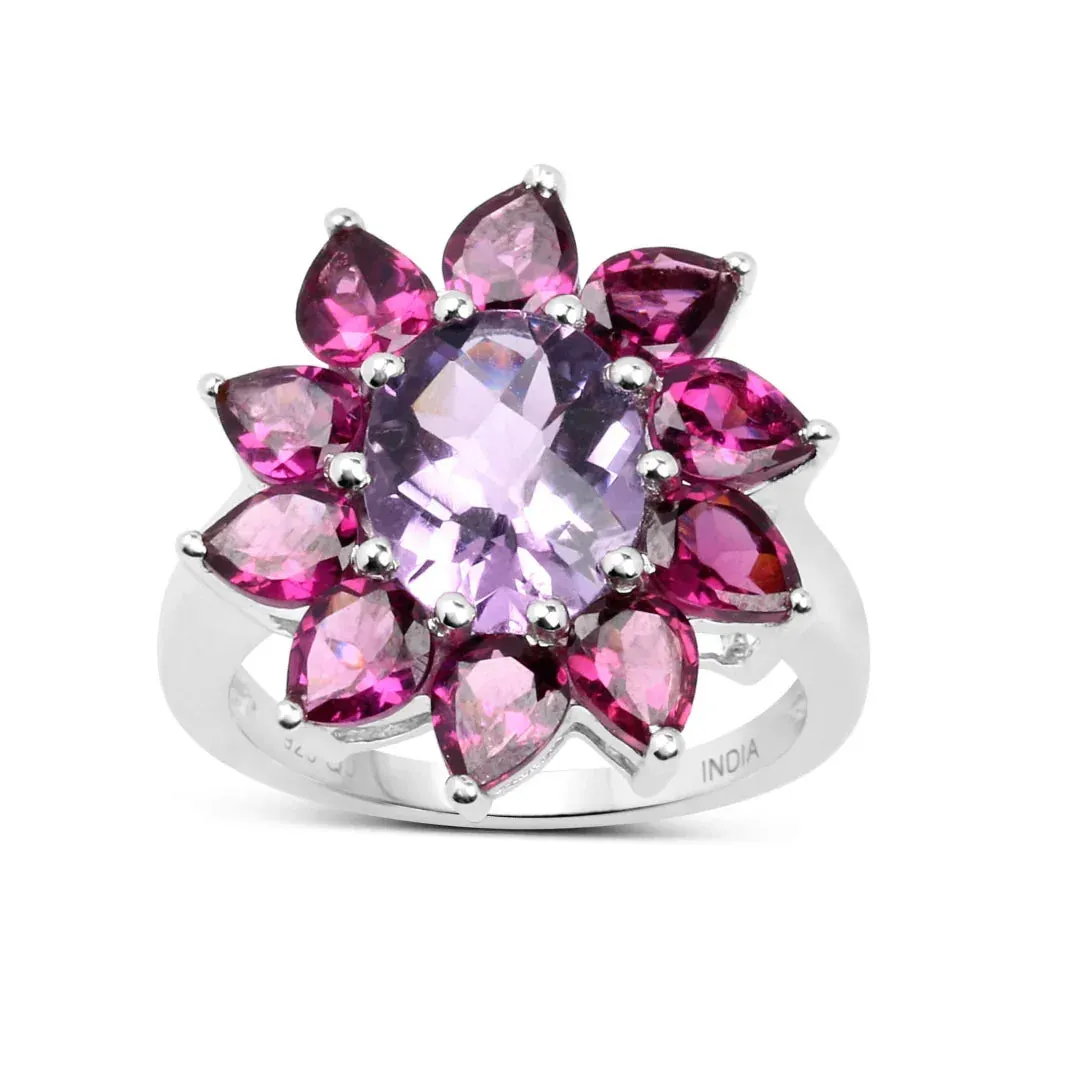 Natural Amethyst and Rhodolite Floral Ring sold by Zulily
