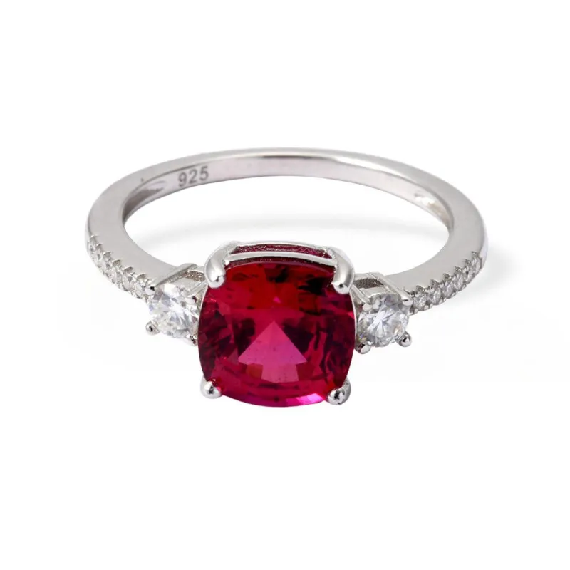 Cushion Red Lab Grown Ruby Prong Silver Three Stone Ring made by Zulily