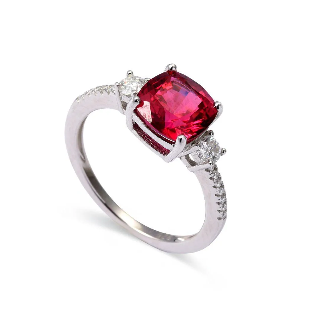 Cushion Red Lab Grown Ruby Prong Silver Three Stone Ring sold by Zulily product image thumbnail 5