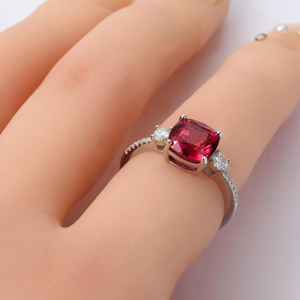 Cushion Red Lab Grown Ruby Prong Silver Three Stone Ring sold by Zulily product image thumbnail 2