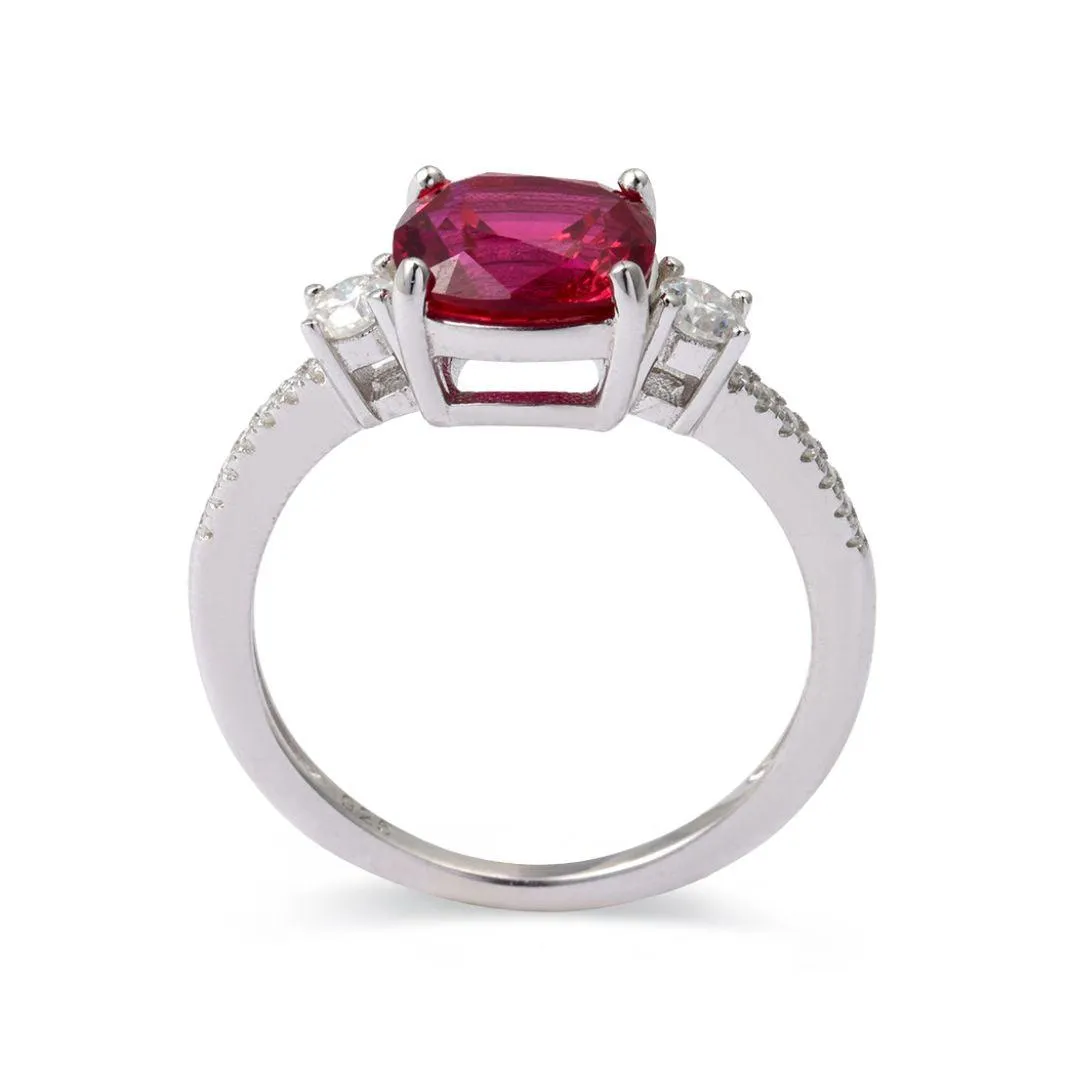 Cushion Red Lab Grown Ruby Prong Silver Three Stone Ring sold by Zulily product image thumbnail 3