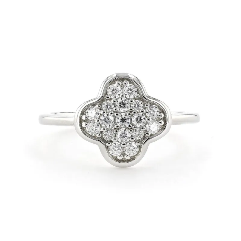 Round White Moissanite Pave Sterling Silver Four Leaf Clover Ring made by Zulily