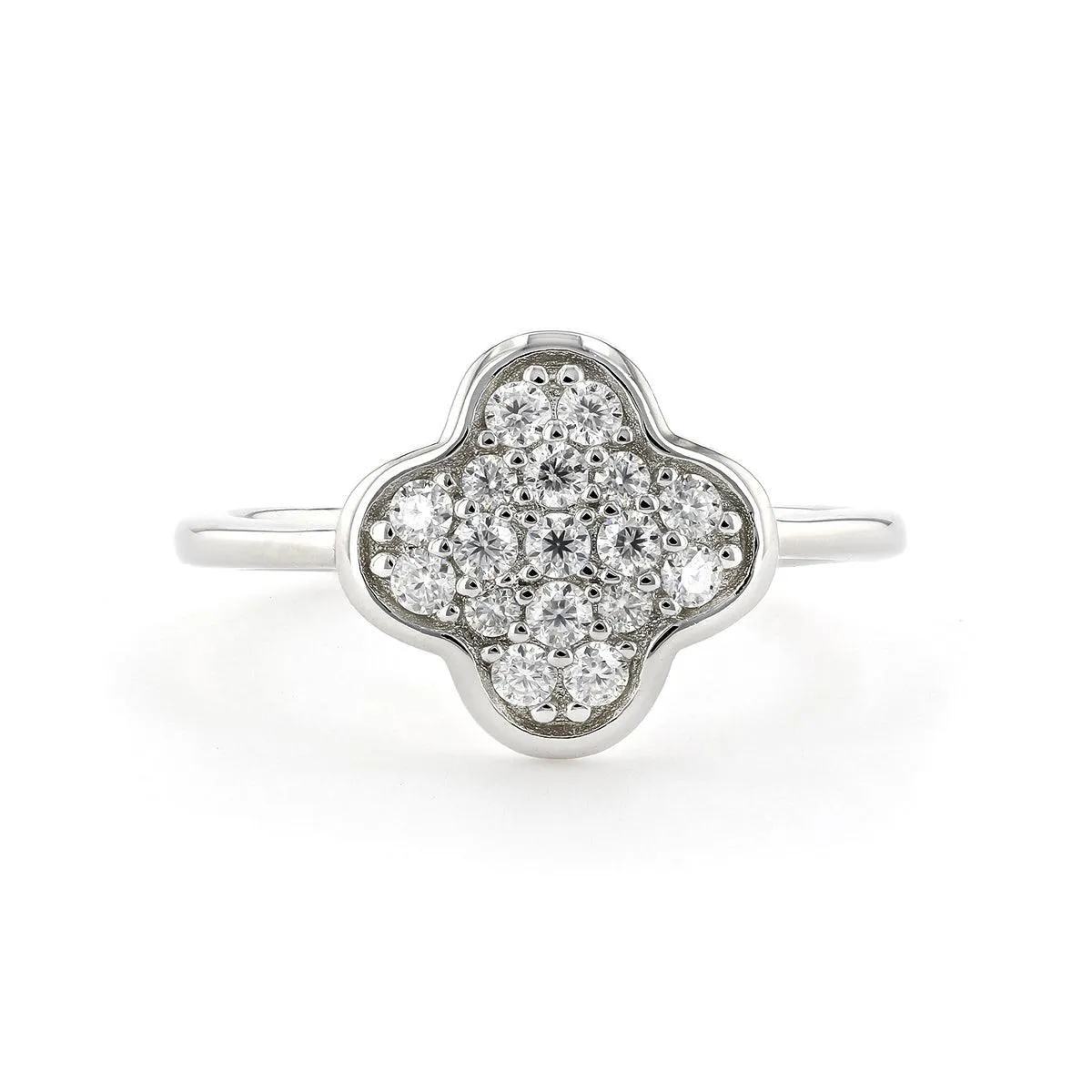 Round White Moissanite Pave Sterling Silver Four Leaf Clover Ring sold by Zulily