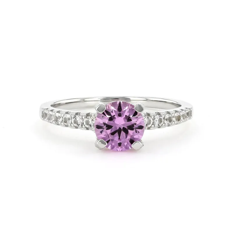 Round Created Pink Sapphire Prong Rhodium Over Silver Solitaire Ring made by Zulily