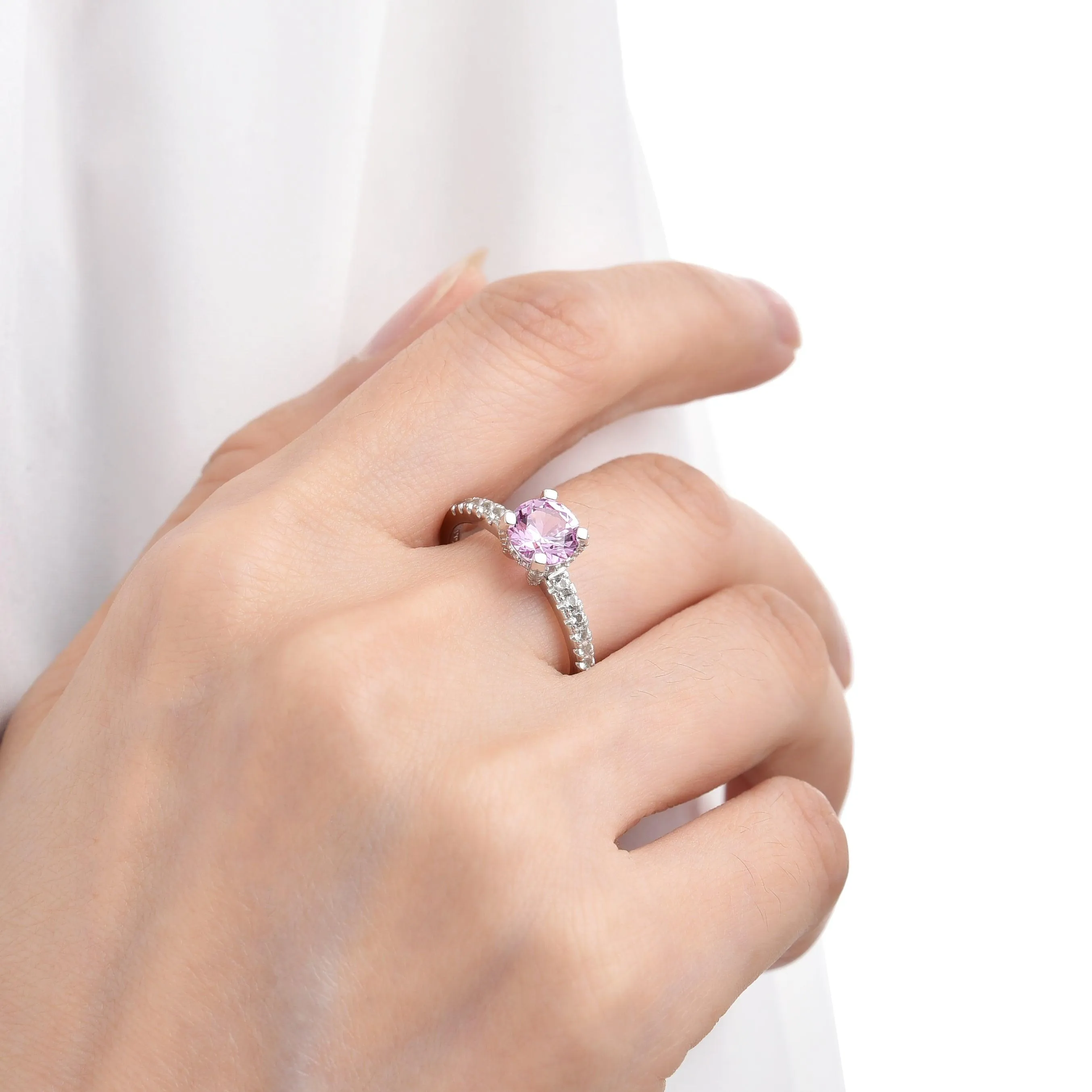Round Created Pink Sapphire Prong Rhodium Over Silver Solitaire Ring sold by Zulily product image thumbnail 5
