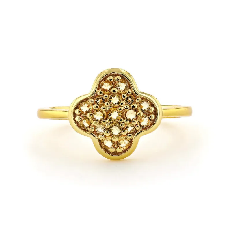 Round Yellow Citrine Pave 18K Yellow Gold Plated Silver Four Leaf Clover Ring made by Zulily