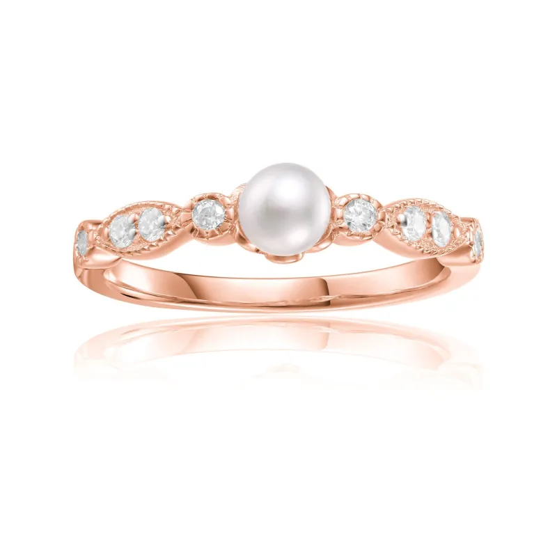 Fresh Water Round White Pearl Rose Gold Plated Silver Half Eternity Ring made by Zulily