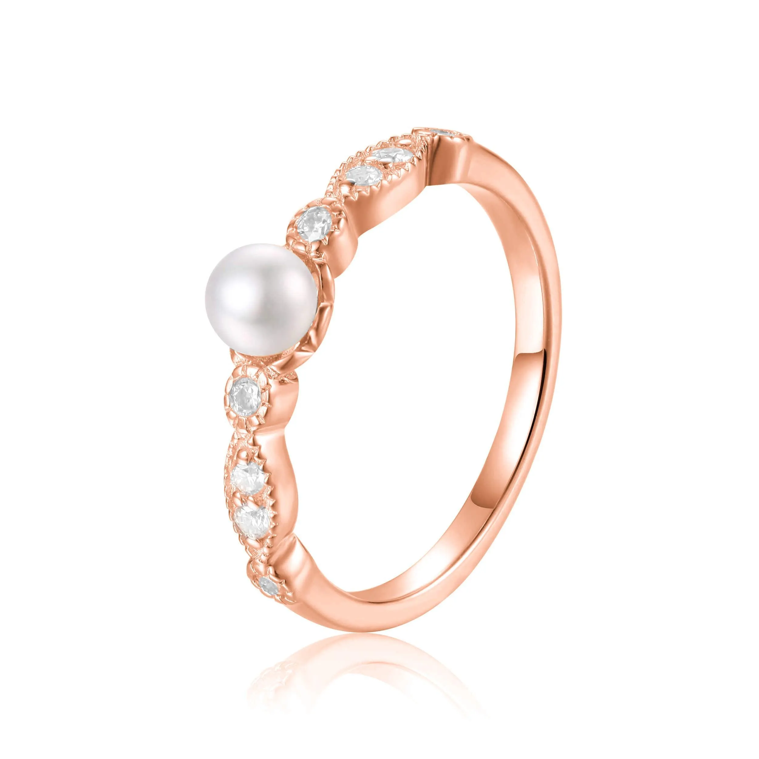 Fresh Water Round White Pearl Rose Gold Plated Silver Half Eternity Ring sold by Zulily product image thumbnail 2