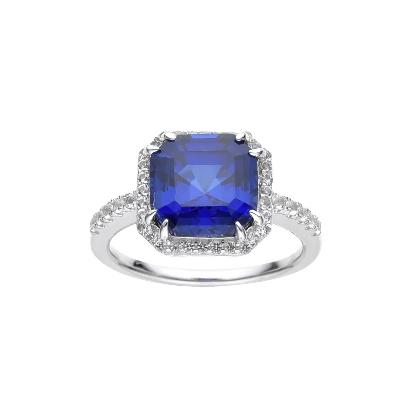 4.00 Ct Asscher Lab Created Blue Sapphire Prong Silver Halo Ring made by Zulily