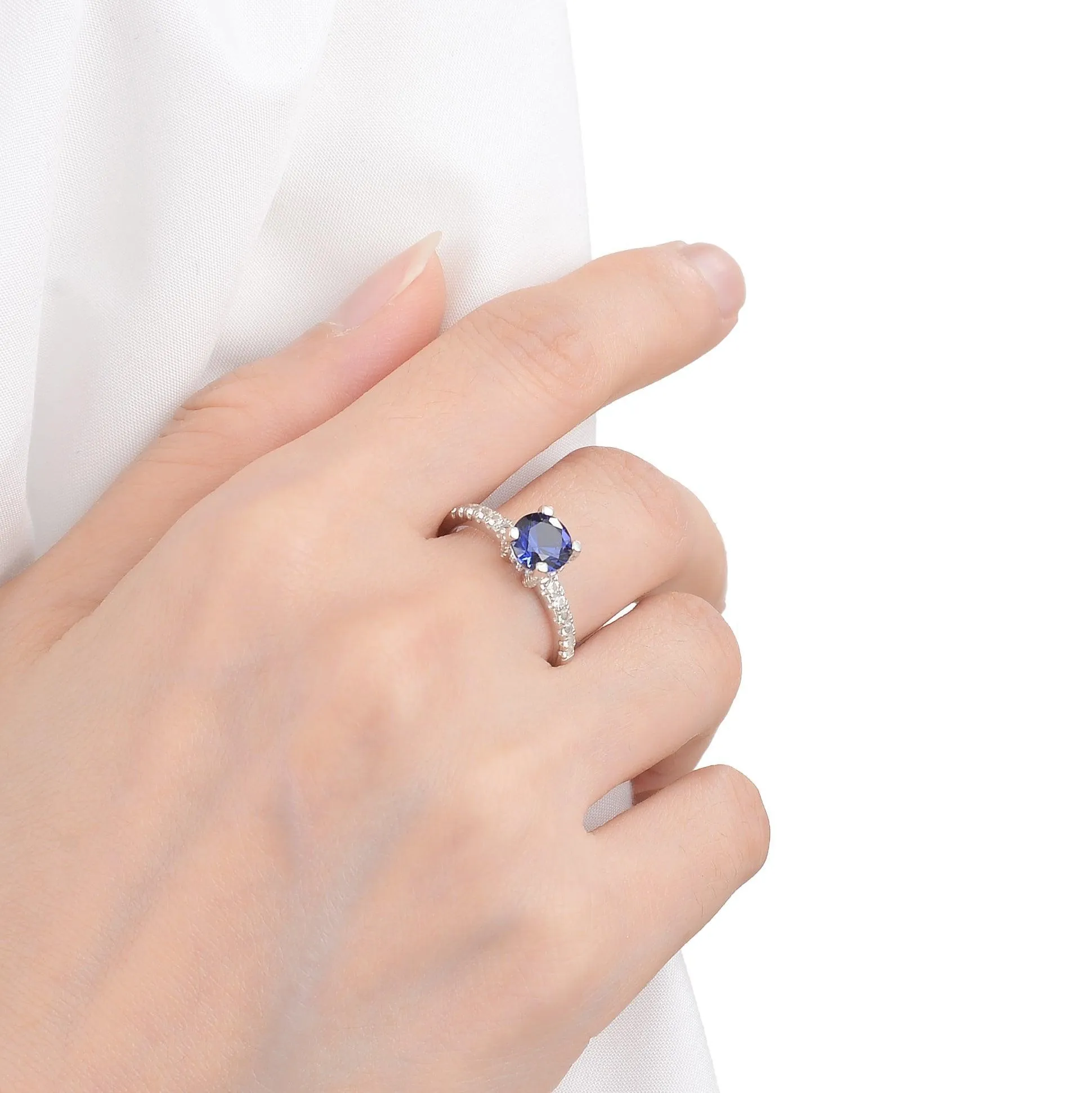 2.00 Ct Round Lab Created Blue Sapphire Prong Silver Pave-set Ring sold by Zulily product image thumbnail 3