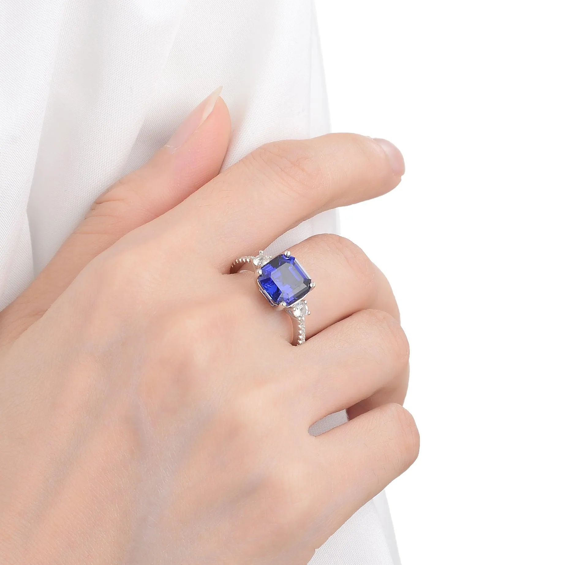 3.00 Ct Cushion Lab Created Blue Sapphire Prong Silver Three Stone Ring sold by Zulily product image thumbnail 4