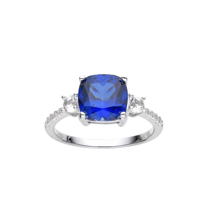 3.00 Ct Cushion Lab Created Blue Sapphire Prong Silver Three Stone Ring made by Zulily