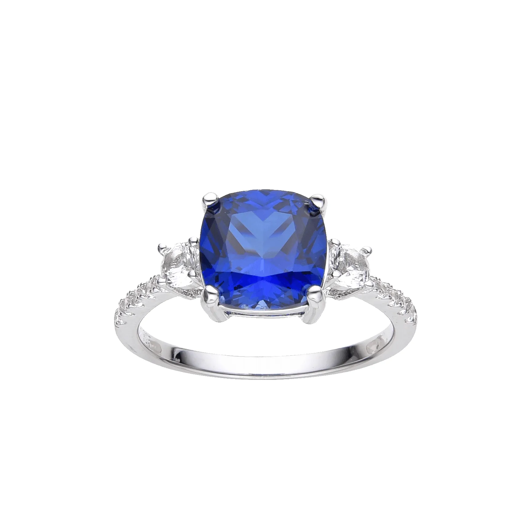 3.00 Ct Cushion Lab Created Blue Sapphire Prong Silver Three Stone Ring sold by Zulily