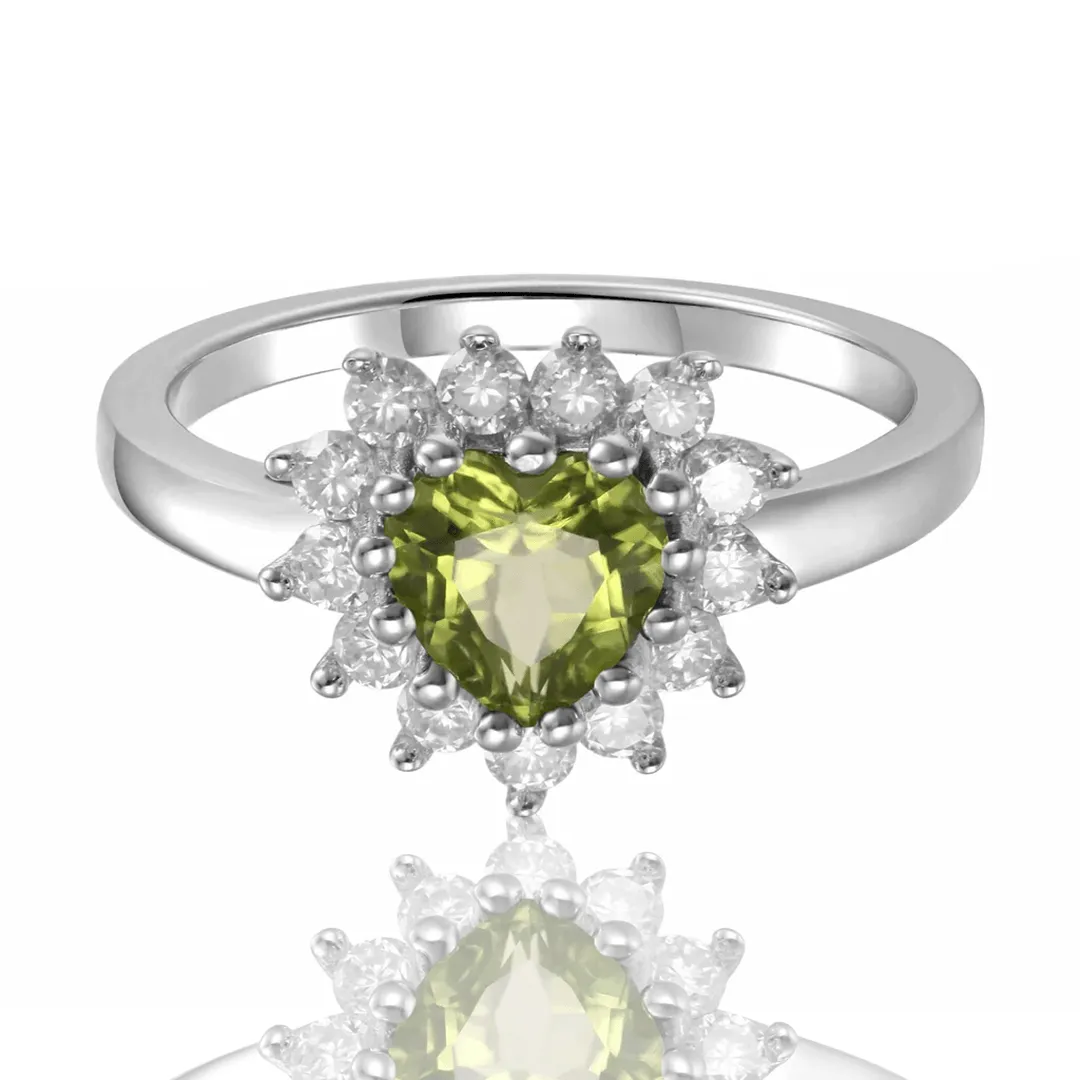 1.30 Ct Heart Olive Green Peridot and White Topaz Prong Silver Halo Ring sold by Zulily
